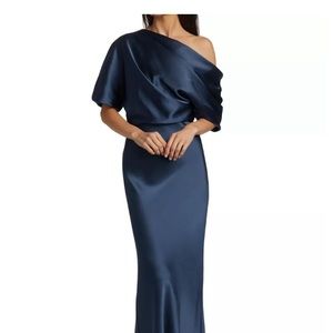 Amsale, Tall, extra length, off shoulder, premium silk satin, long gown.